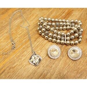 Silver Tone Jewelry Lot 3 Pc Rhinestone Pendant Necklace Crystal Halo Earrings